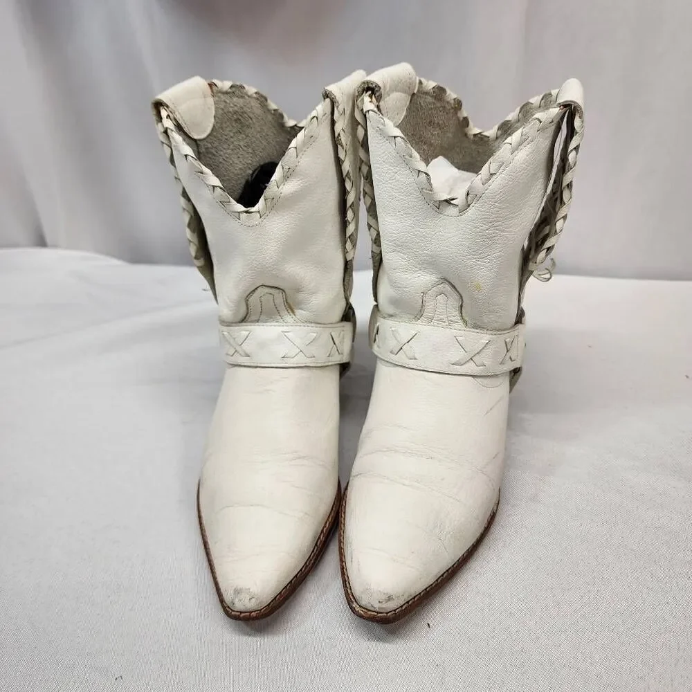Women's 6 White Leather Braided Short Ankle Western Cowboy Boots Vintage